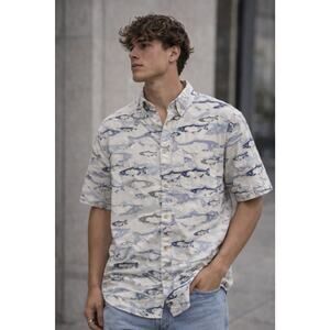 Vintage Columbia Sportswear Fish Print Button Up Shirt Mens L Fishing Outdoor